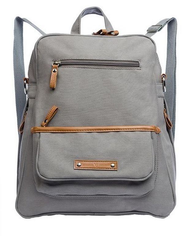 A stylish gray-blue diaper bag with brown trimmings and a caded blue strap.